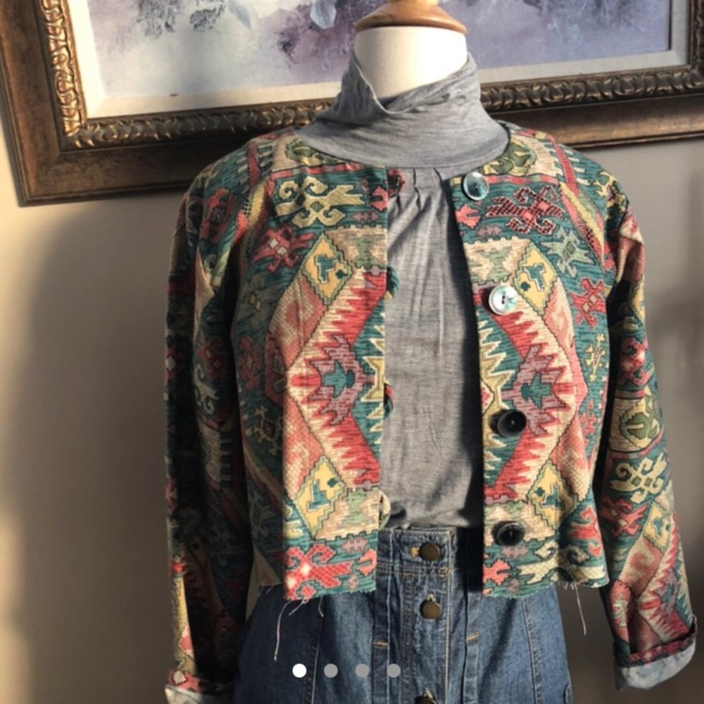 Geometric upcycled cropped jacket 100% cotton